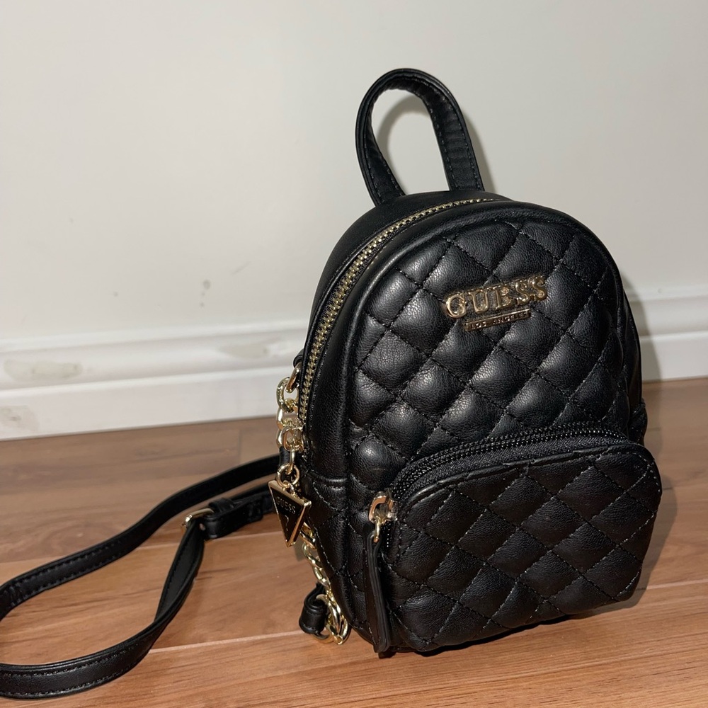 Guess Black Quilted Backpack with Gold Accents